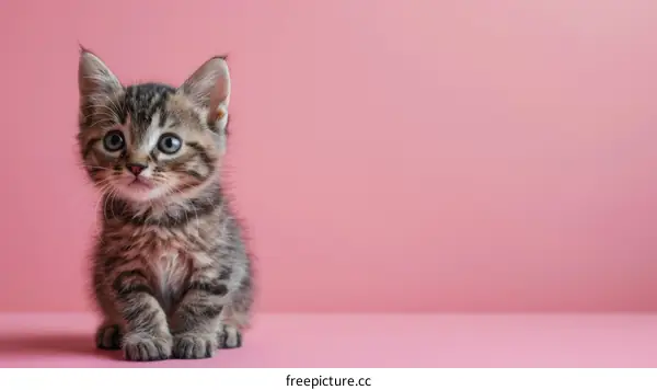 A cute tabby kitten sits on a pink background