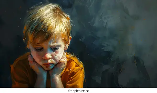 Sad Young Boy with Hands on Chin