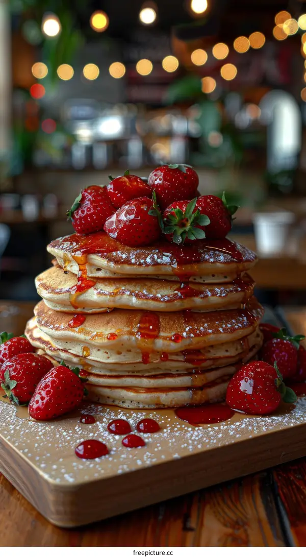 A stack of pancakes with strawberries and syrup