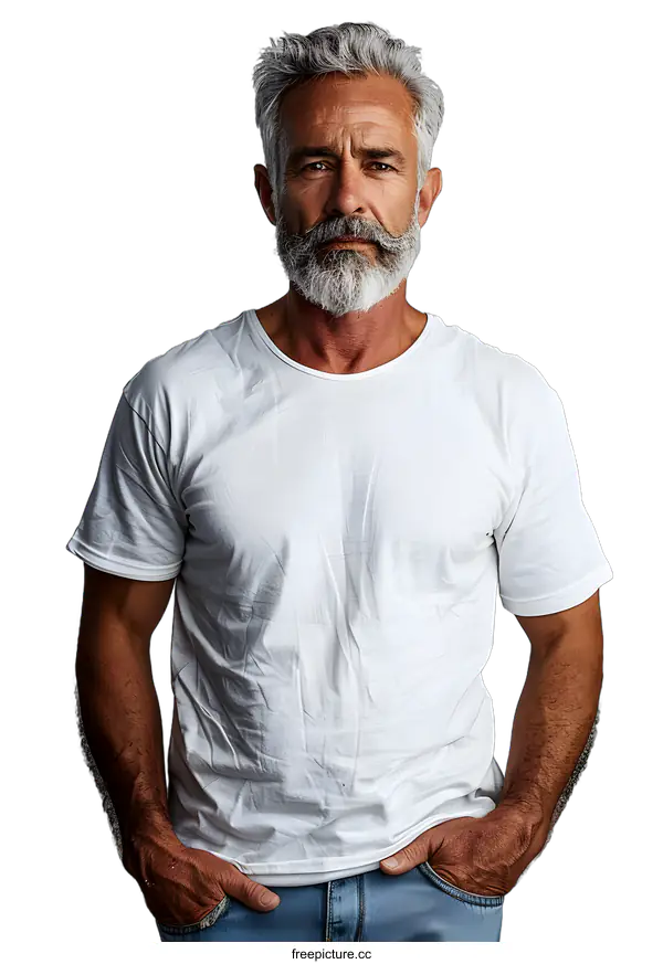 [Transparent Background PNG]Portrait of a Mature Man with Gray Hair and Beard Wearing a White T-shirt