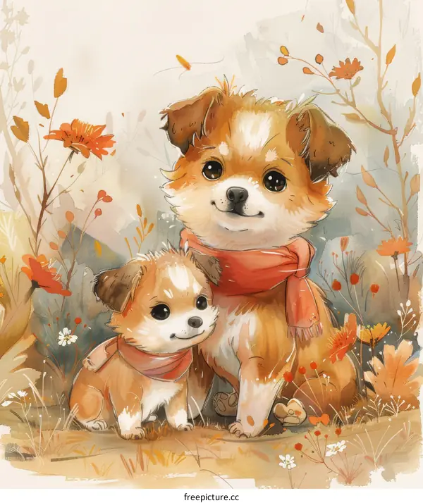 Two cute puppies with red scarves are sitting in a field of flowers.