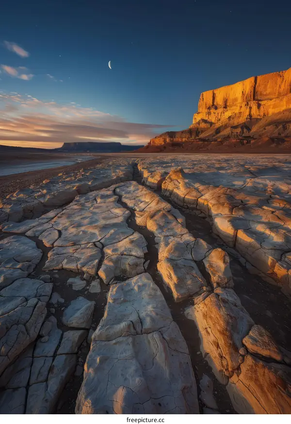 sunset over the dried lakebed with a large rock formation in the background