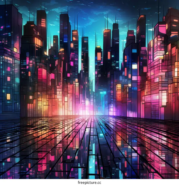 A digital painting of a futuristic city with skyscrapers and bright lights