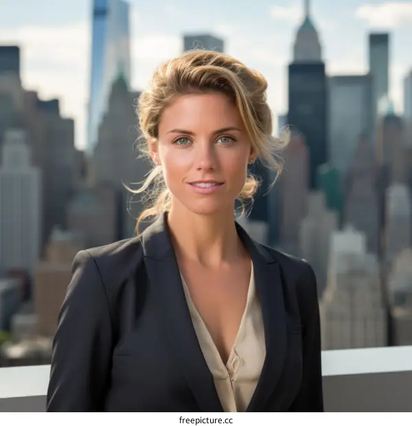 Confident businesswoman standing on rooftop in urban city