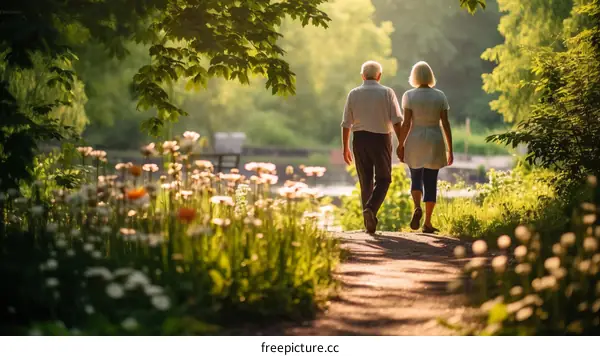 An elderly couple is walking in a park with flowers