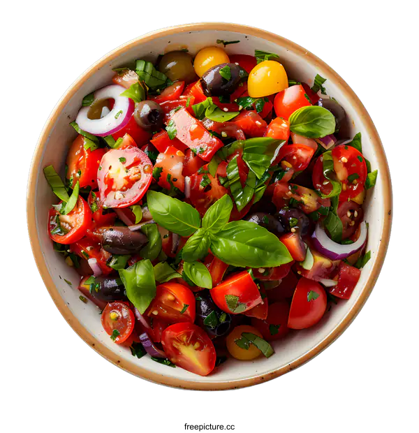 [Transparent Background PNG]Top view of a bowl of fresh tomato salad with basil and olives