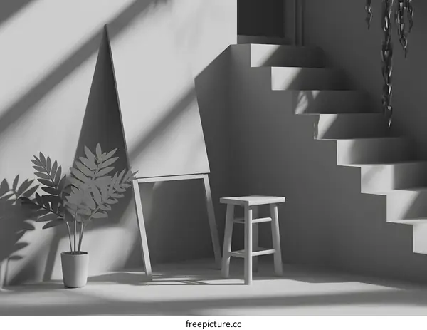 Minimalist White Interior Room With Easel And Stool