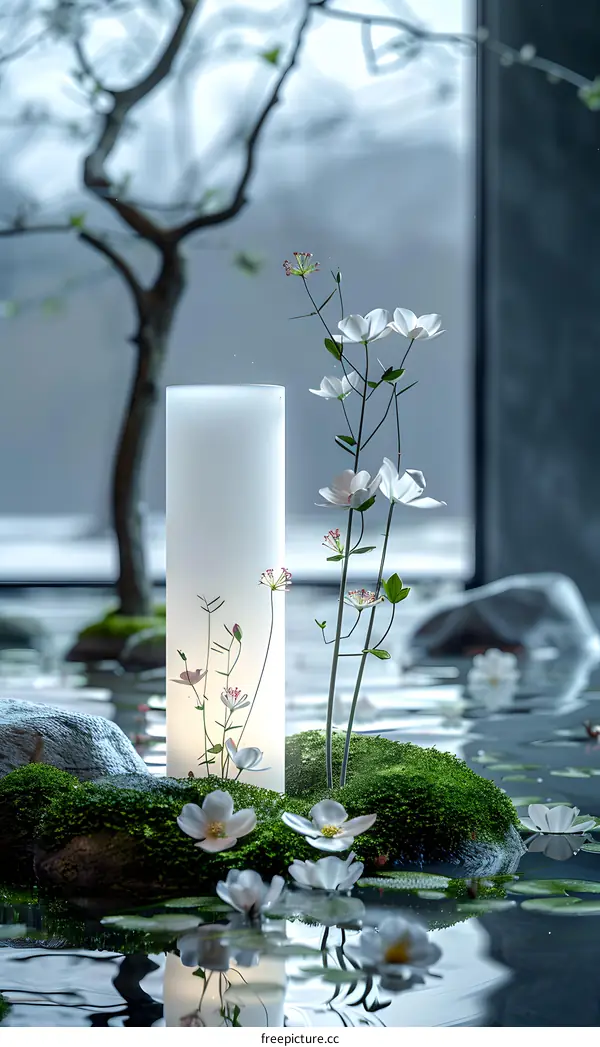 Serene Water Garden with Flowers and Lantern