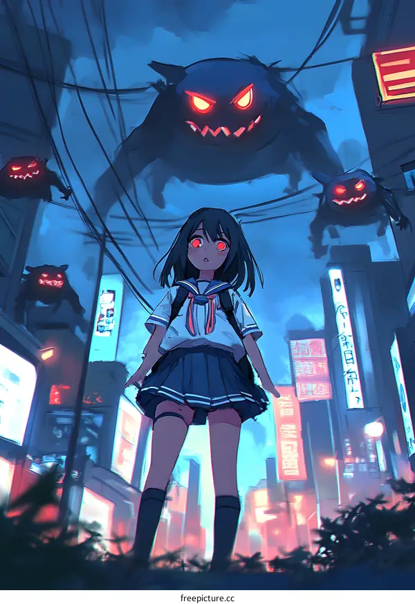 Girl in a School Uniform Standing in a City with Monsters