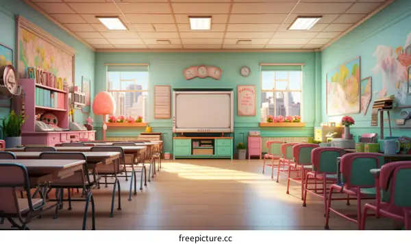 Classroom illustration with pink accents and city view