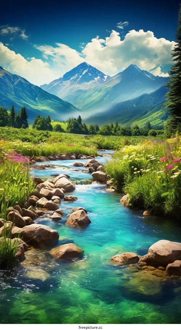 The river flows through the valley with snow-capped mountains in the distance