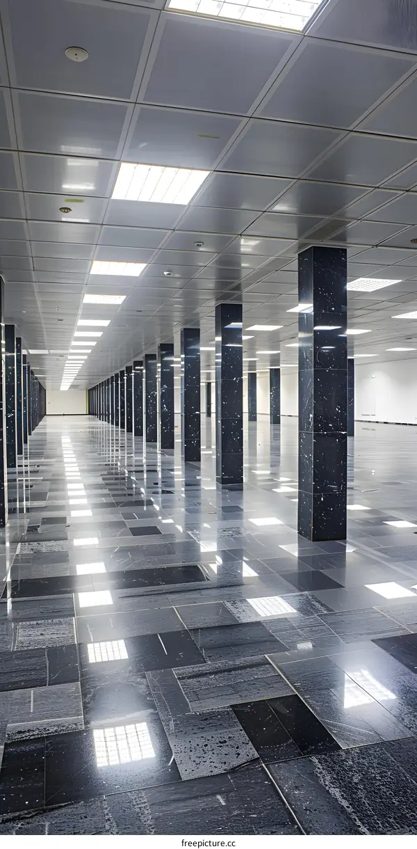 Empty Modern Office Building Interior with Marble Columns and Tiled Floor