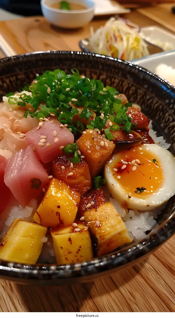 A bowl of rice topped with sashimi, egg, and vegetables