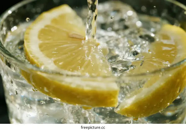Refreshing lemon slices in sparkling water with bubbles