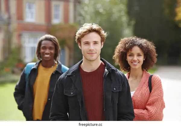 Three Diverse Students Outdoor Campus Scene