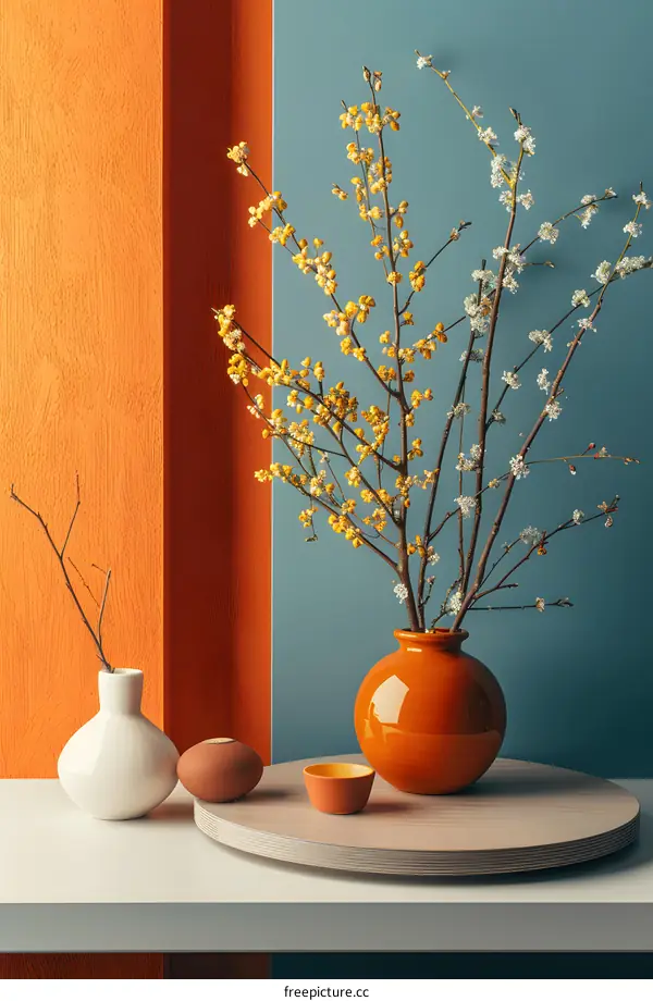 Orange and Blue Wall with Flower Arrangement