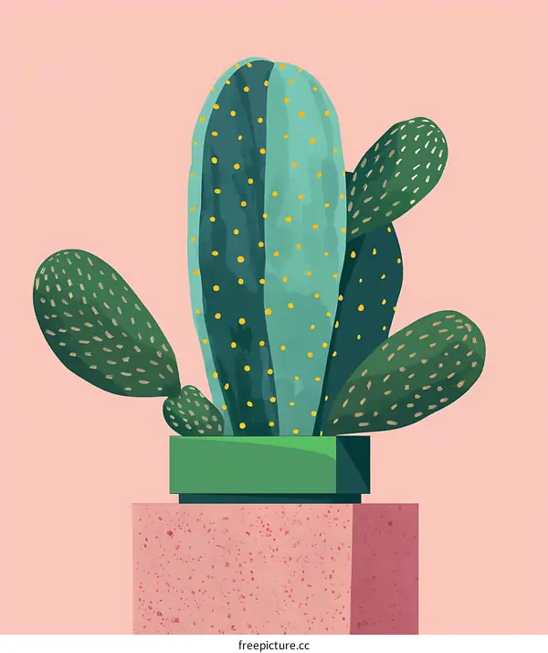 Cactus Plant Illustration In Green Pot on Pink Background