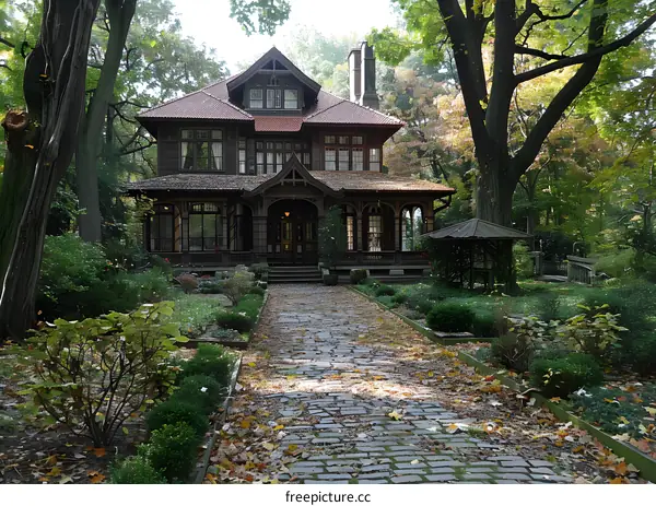 An old house with a long walkway leading up to it