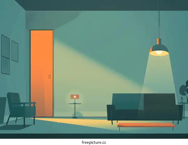 Minimalist Living Room Illustration with Orange Door