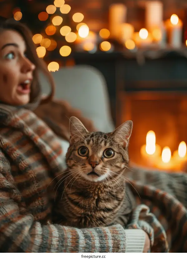A woman and a cat are sitting on a couch and looking at the fireplace