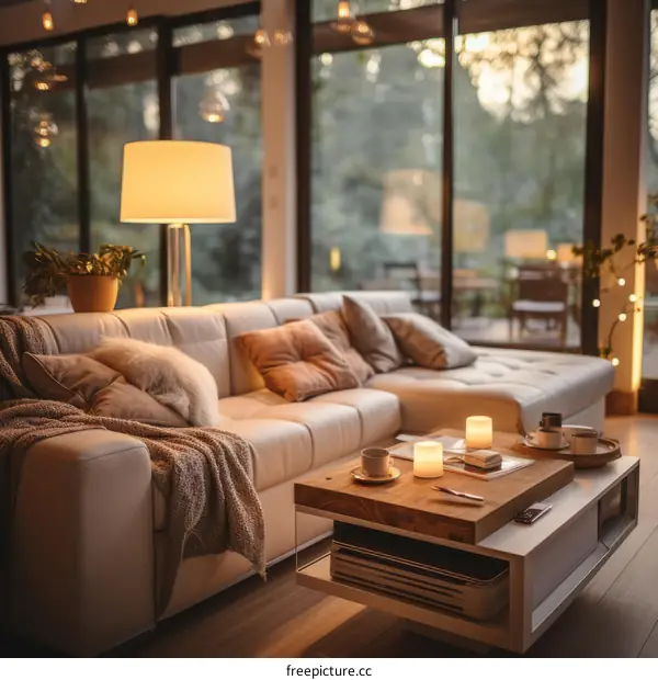 A cozy living room with a large white sofa, coffee table, and candles