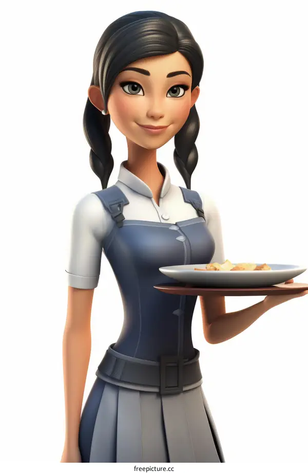 Cheerful cartoon waitress with a plate of food