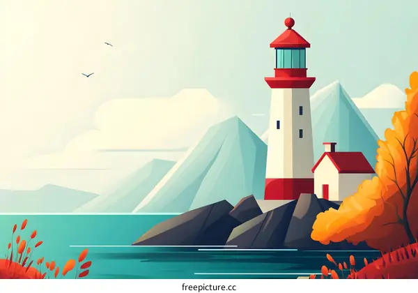 Lighthouse on the Coast with Mountains and Birds in the Sky