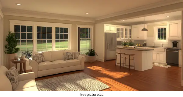 Modern Kitchen and Living Room Interior Design with White Cabinets and a Large Window