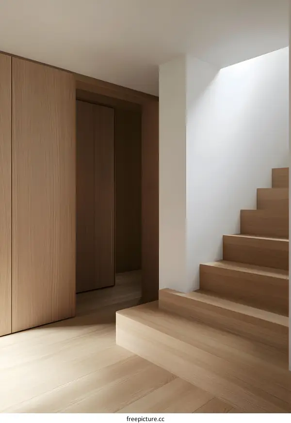 Minimalist Staircase Interior Design with Wooden Steps and a Light Source