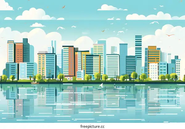 Modern City Skyline with Water Reflection Illustration