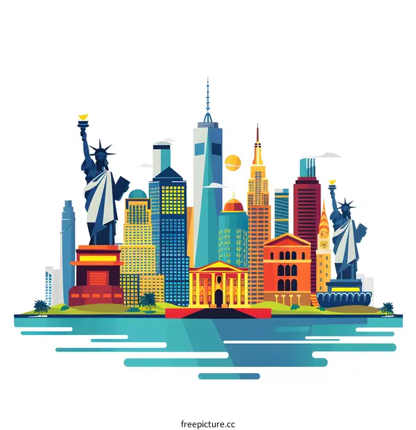New York City Skyline Illustration with Famous Landmarks