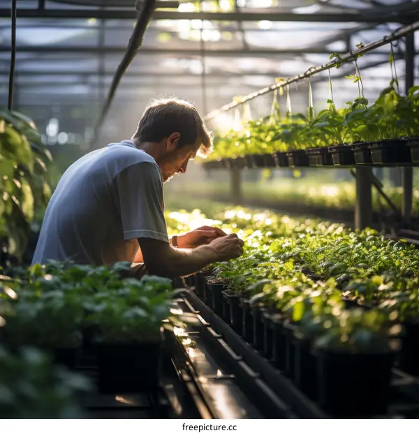 Male horticulturist examining young plants in a greenhouse