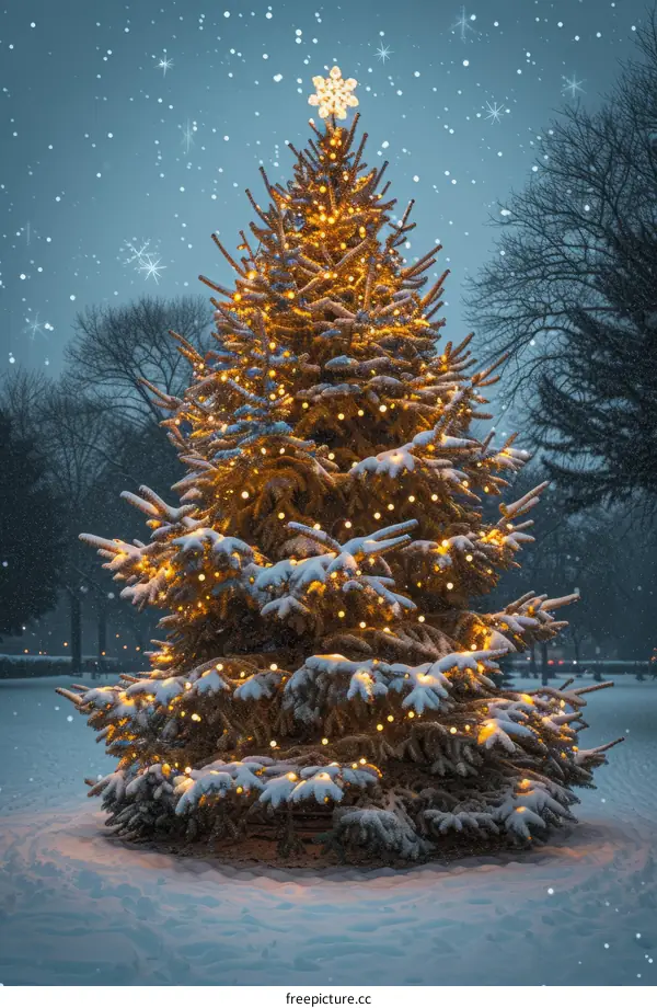 Christmas Tree Adorned with Lights in the Night