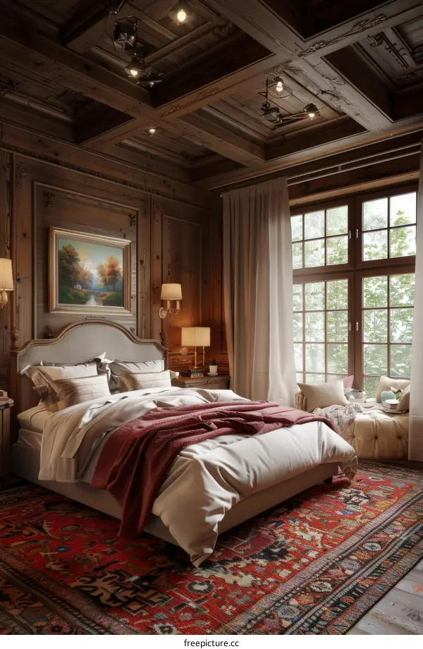 Luxury Wooden Bedroom with Vintage Rug