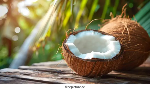 A coconut split in half on a wooden table with palm leaves in the background