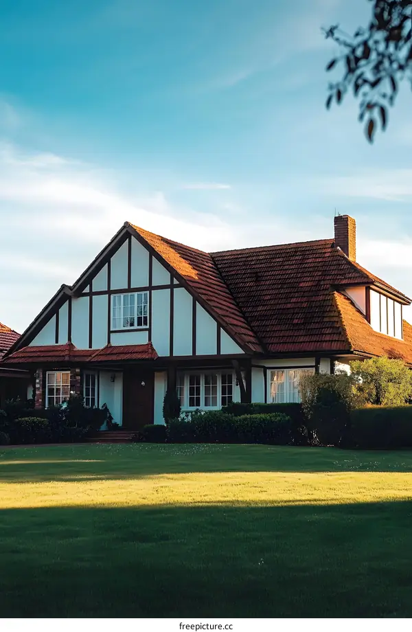 Beautiful House With Green Lawn And Blue Sky
