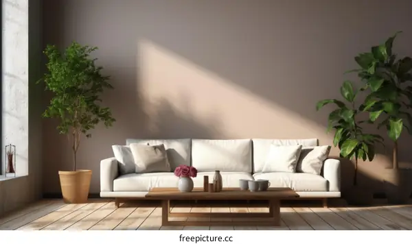 Airy and bright living room with large windows and plants