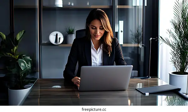 Business Woman Working on Laptop in Office
