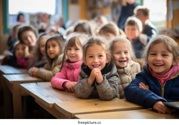 A group of happy children sitting at a table in a classroom