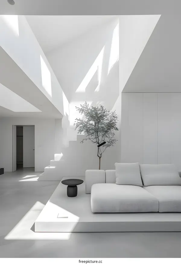 Minimalist Modern White Interior Design Living Room With Skylight