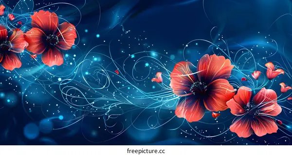 Red flowers bloom on a dark blue background, with glowing petals and blue light around the flowers
