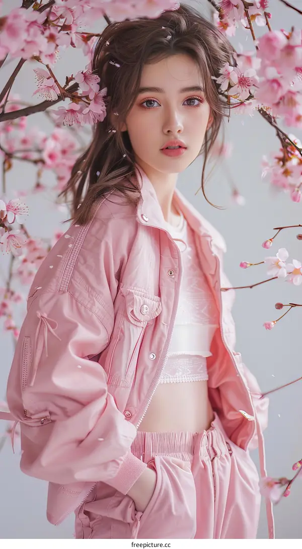 Portrait of a beautiful Asian woman in a pink tracksuit standing in a cherry blossom garden