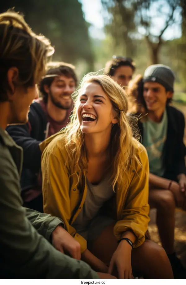 Laughing blonde woman with friends in the woods