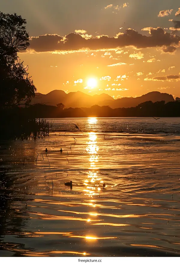 Golden sunset over a lake with mountains in the distance