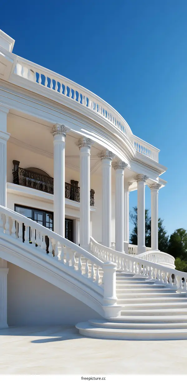 White Marble Staircase Leading To A Grand Entrance Of A Mansion
