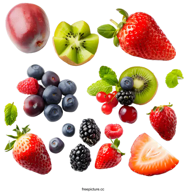 [Transparent Background PNG]Fresh Fruit Mix with Kiwi, Strawberry, Blueberry, Plum and Blackberries