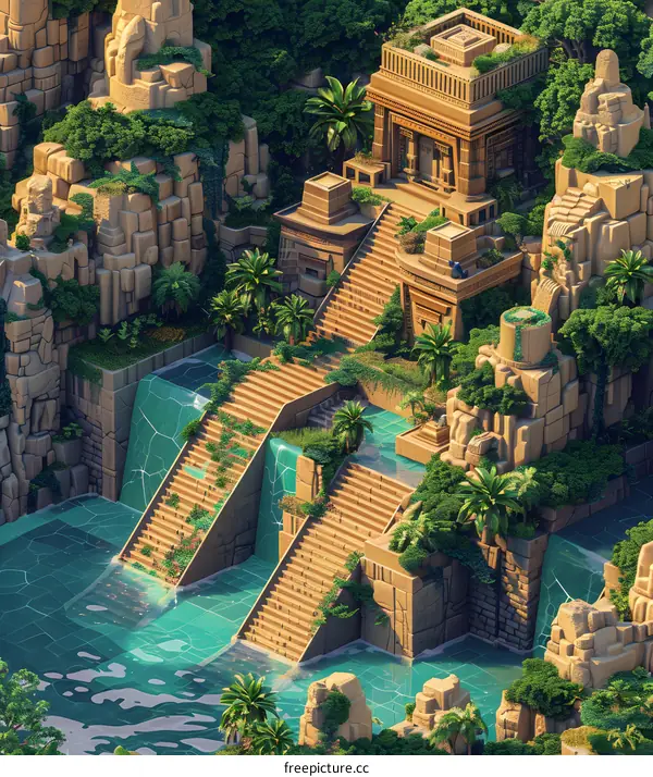 Ancient Temple with Waterfalls and Stone Stairs