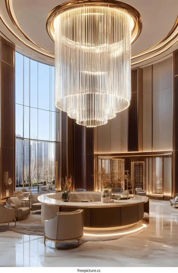 Modern Luxury Hotel Lobby with Large Chandelier