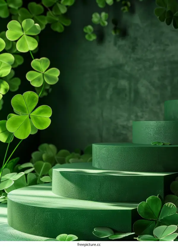 Green podium with clovers on dark green background