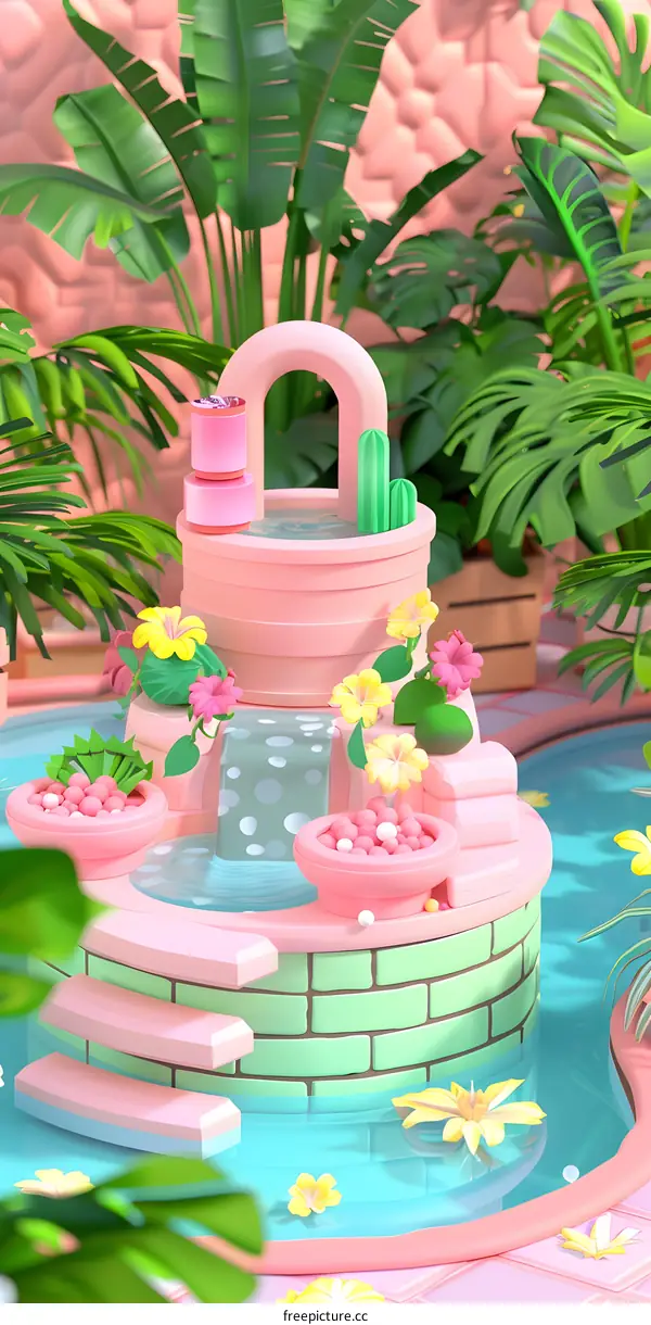 Pink Pool With Green Plants And Waterfall